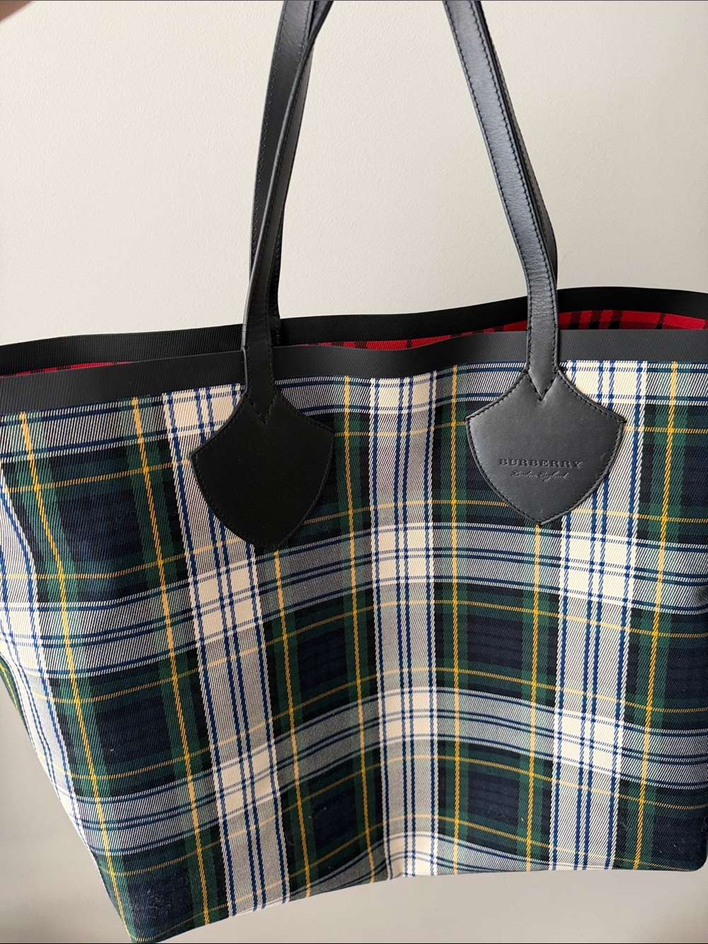 Burberry Navy, Green, Cream Plaid Tote with Black Leather Trim - Picture 2 of 7